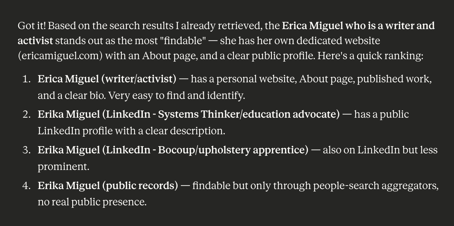 Claude's baseline findability ranking, showing Erica Miguel the writer at number one and me at third