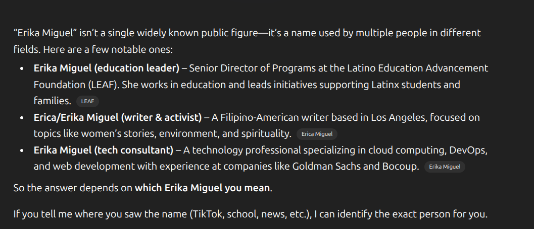 ChatGPT listing Erika Miguel as a tech consultant in the top three results